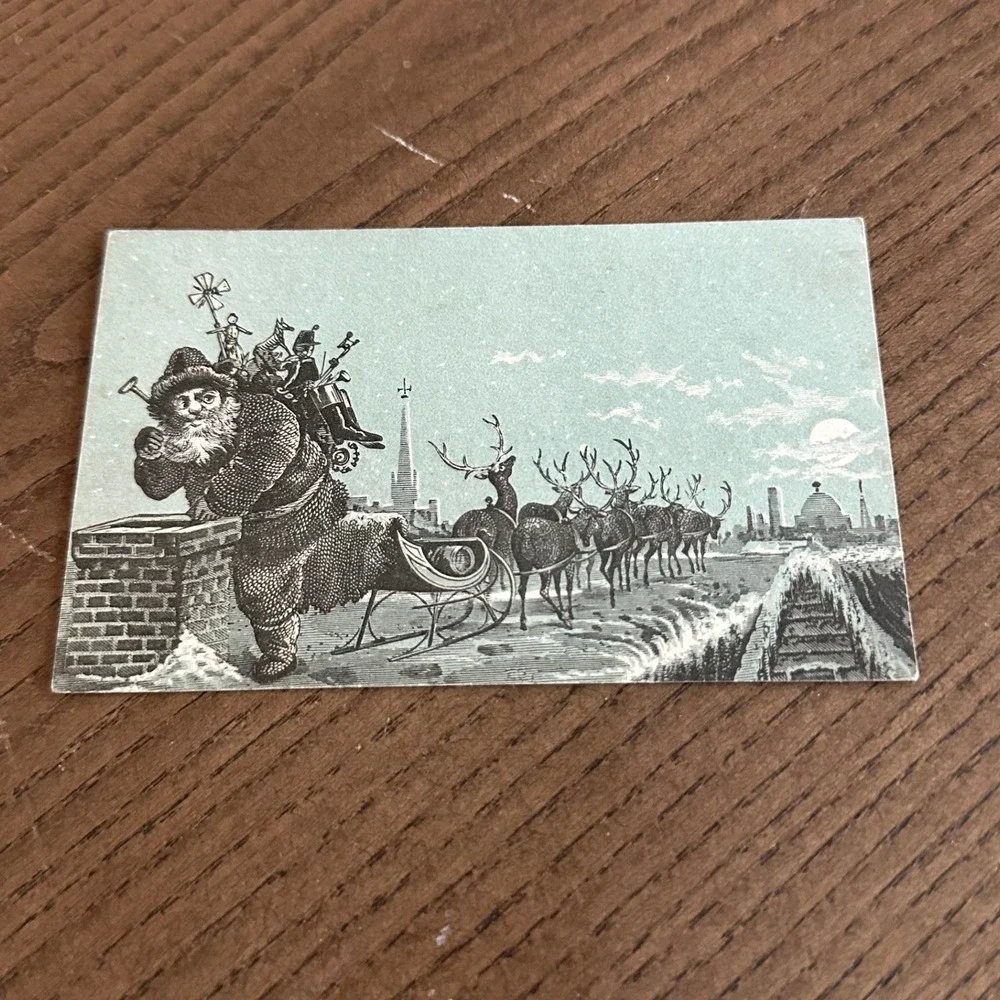 Antique Victorian Trade Card Chryslers Santa Claus Headquarters Christmas Sleigh